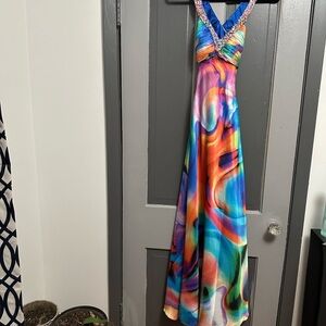 La Femme Multicolored Halter Maxi Dress for Prom